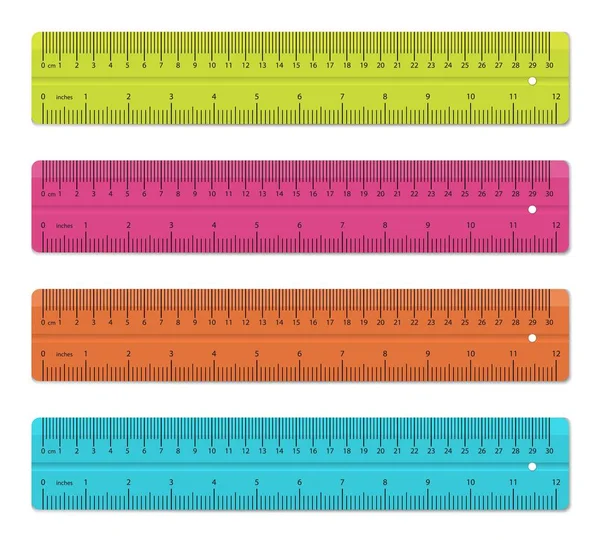 Creative vector illustration of realistic colorful rulers isolated on background. Art design measuring tool supplies. Abstract concept graphic element — Stock Vector
