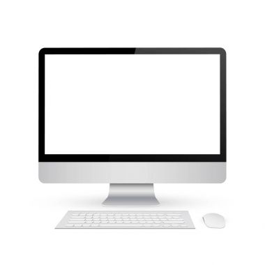 Yaratıcı vektör çizim render monitör boş ekran üzerinde arka izole ile sahte. Bilgisayar ekranı, fare, klavye. Sanat tasarım. 3D açık görüş. Soyut kavram grafik öğesi