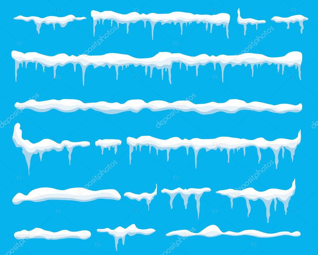 Creative vector illustration of ice icicle, caps, snowflakes set isolated on background. Winter snow clouds template art design. Snowy frame decoration. Graphic element. New year. Merry cristmas