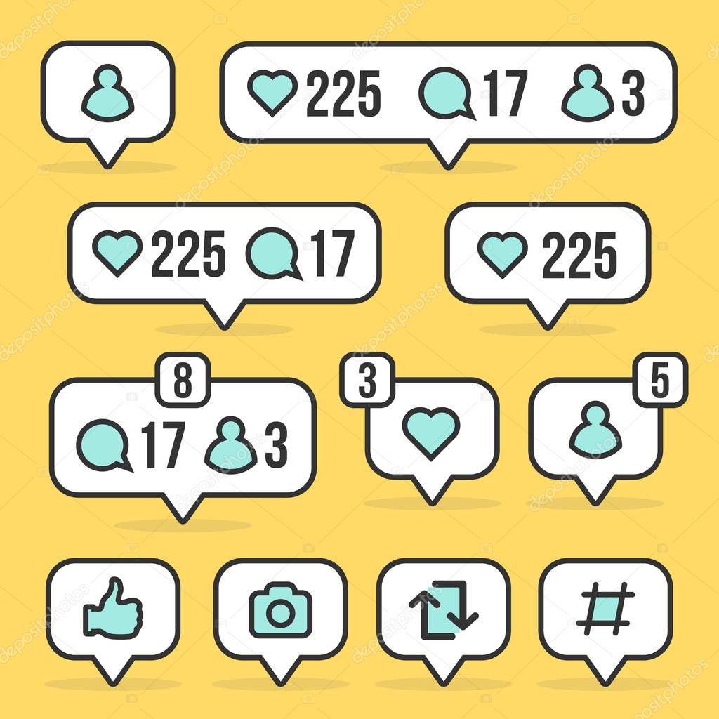Creative vector illustration of social media sign like, follower, comment isolated on background. Art design bubble notification. Abstract concept graphic element for website, blog, interfaces.