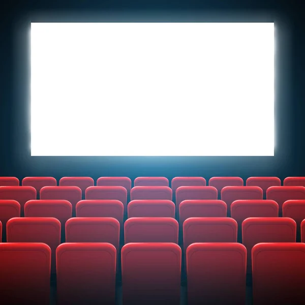 Creative vector illustration of movie cinema screen frame and theater interior. Art design premiere poster background, lights and rows red seats. Abstract concept graphic scene element — Stock Vector