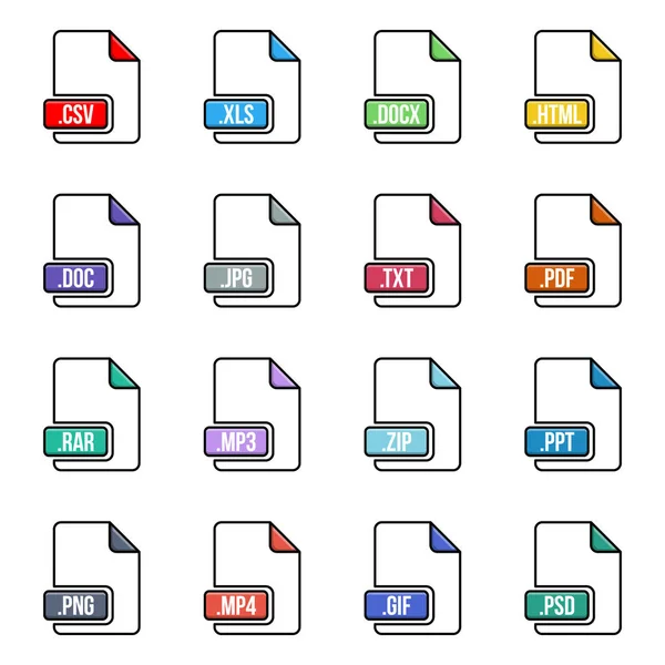 在背景上隔离的文件类型图标集的创造性矢量插图 艺术设计平面标签 文档格式 抽象概念图形象形元素用于 Web 多媒体 计算机技术 — 图库矢量图片