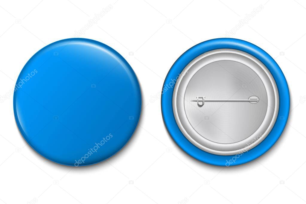 Creative vector illustration of 3d pin button isolated on transparent background. Front and back side. Art design blank badge brooch mockup template. Abstract graphic element with place for your text.
