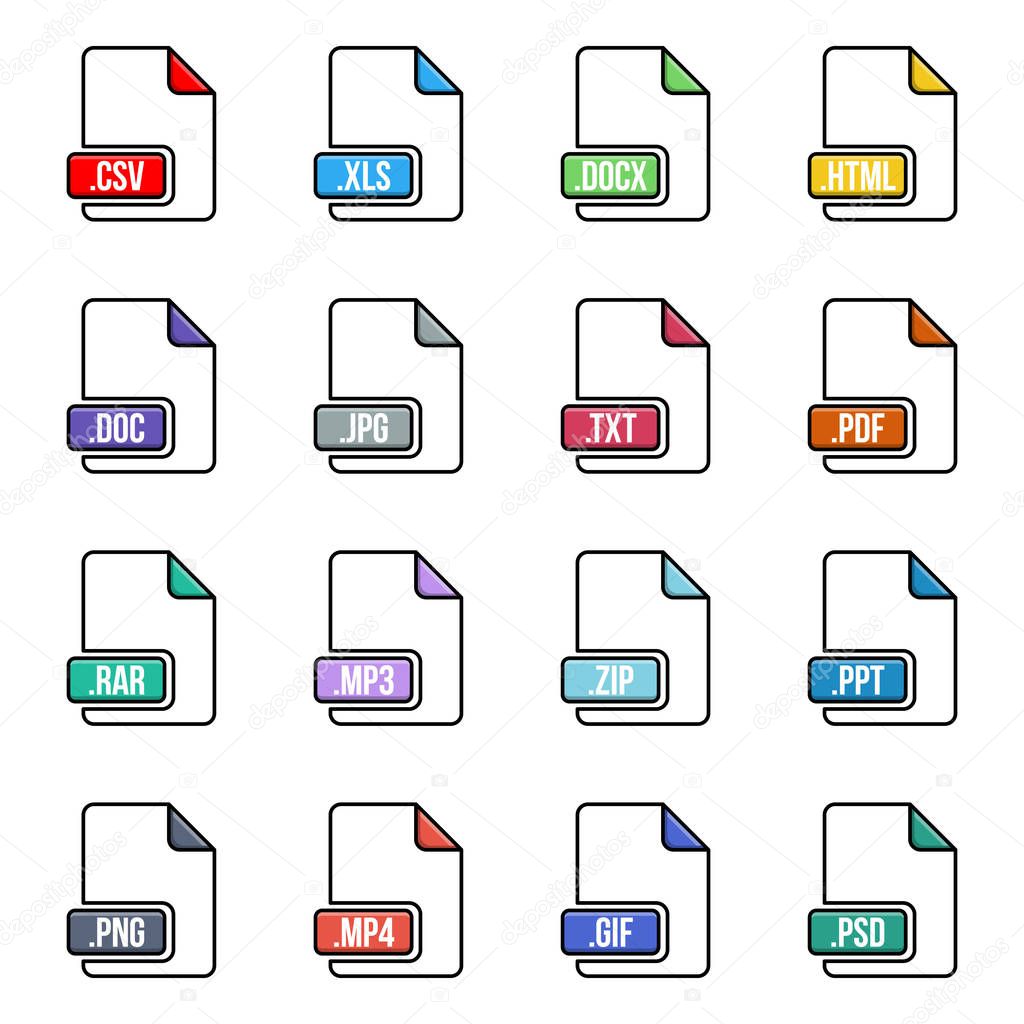 Creative vector illustration of file type icon set isolated on background. Art design flat lable. Document formats. Abstract concept graphic pictogram element for web, multimedia, computer technology.