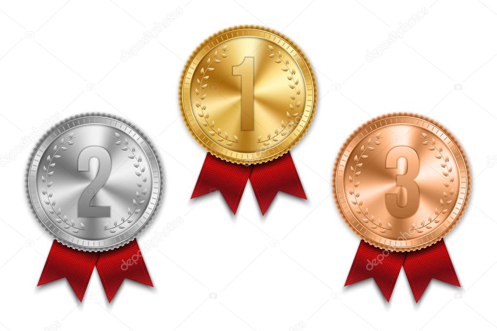 Creative vector illustration of realistic gold, silver and bronze medal set on colorful ribbon isolated on transparent background. Art design placement in sport competition contest. Graphic element.