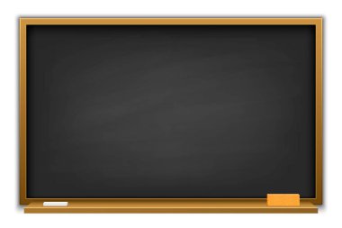 Kara tahta üzerinde arka izole yaratıcı vektör Illustration. Sanat Tasarım boş şablon mockup blackboard. Kavram grafik eğitim ve bilim elemanı. Yönetim Kurulu, tebeşir, kalem. Okula dönüş.