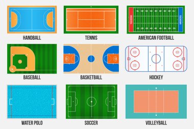 Arka plan üzerinde izole yaratıcı vektör Illustration spor oyun alanları işaretleme. Hentbol, tenis, Amerikan Futbolu, futbol, beyzbol, basketbol, hokey, su topu, voleybol için grafik öğesi