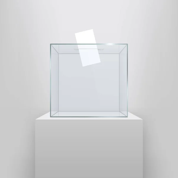 Creative vector illustration of realistic empty transparent ballot box with voting paper in hole isolated on background. Art design glass case is on museum pedestal, stage, 3d podium. Concept graphic — Stock Vector