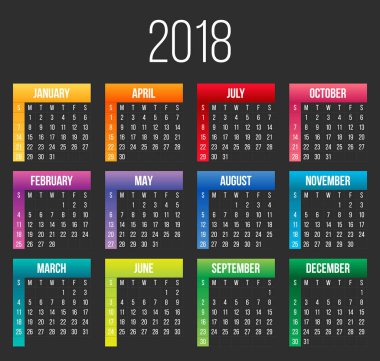 2018 yıl renkli takvim üzerinde şeffaf arka plan izole yaratıcı vektör Illustration. Sanat Tasarım boş mockup şablon etkinlik planlayıcısı. Haftası Pazar günü başlar. Soyut kavram grafik öğesi