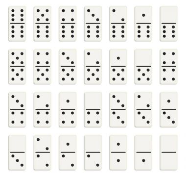 Yaratıcı vektör çizim gerçekçi domino tam set üzerinde şeffaf arka plan izole. Domino kemikleri sanat tasarım. Oyun grafik öğesi için 28 adet kavramı soyut