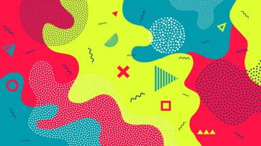 Çocuklar yaratıcı vektör çizim karikatür renk splash arka plan. 80s 90s memphis tarzı moda tasarım sanat. Geometrik çizgi şekli deseni. Soyut kavram grafik Bahçesi başlık öğesi