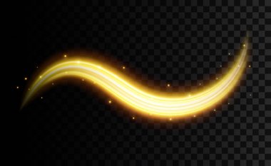 Dalgalı çizgiler, Parlatıcı eğrisi sparkles şeffaf arka plan üzerinde izole parlayan altın ışık efekti yaratıcı vektör Illustration. Sanat Tasarım sihirli parıltı parçacıklar. Soyut kavram grafik öğesi