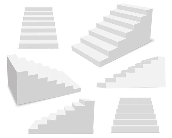 Illustrazione vettoriale creativa di scale interne 3d, set palcoscenico bianco isolato su sfondo trasparente. Scale di design arte raccolta gradini. Concetto astratto grafica aziendale elemento infografico — Vettoriale Stock