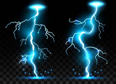 Gerçekçi Lightning'ler yaratıcı vektör çizim üzerinde izole şeffaf arka plan ayarlayın. Sanat Tasarım thunder cıvata, fırtına, ışıltı sihir etkisi. Soyut kavram grafik elektrik enerji öğesi.