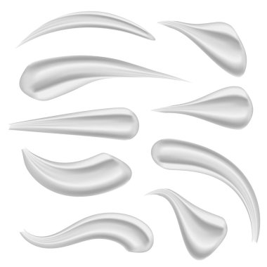 Çeşitli vuruş Güzellik yüz kozmetik beyaz krem doku yaratıcı vektör çizim üzerinde izole şeffaf arka plan ayarlayın. Sanat Tasarım jel ya da damla köpük. Soyut kavram grafik öğesi.