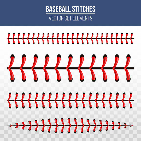 Творческая векторная иллюстрация спортивных бейсбольных мячей стежков, красных кружевных швов, выделенных на прозрачном фоне. Арт-дизайн - это украшение. Абстрактный концепт графический элемент
