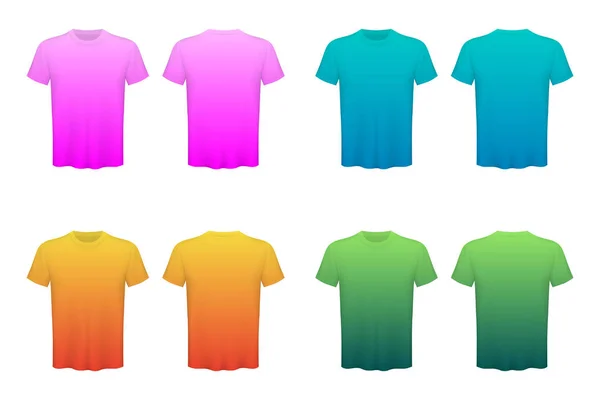 Kreativa vektorillustration av färgade T-shirts ligger isolerad på transparent bakgrund. Konst design tom mockup advertising mall. Abstrakt begrepp grafisk ovanifrån utskrift element. — Stock vektor