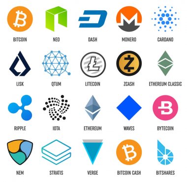 Popüler Kripto Döviz Alım blockchain logo para yaratıcı vektör çizim üzerinde izole şeffaf arka plan ayarlayın. Sanat Tasarım cryptocurrency simge, sembol. Soyut kavram grafik bitcoin öğe.