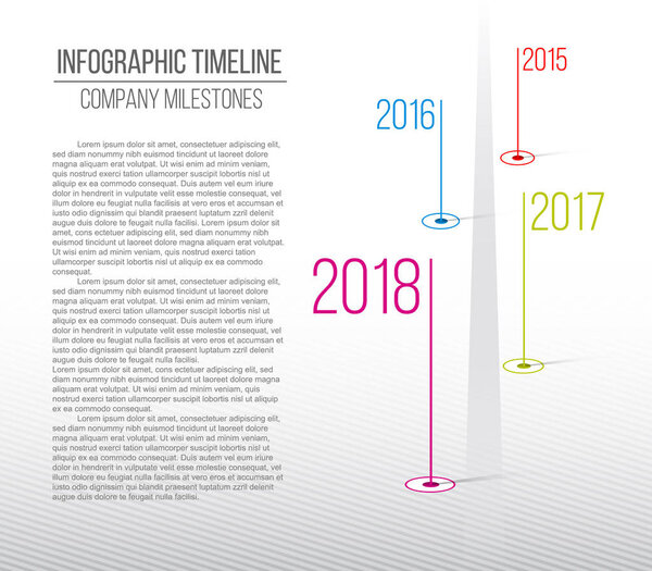 Creative vector illustration of company milestones timeline. Template with pointers. Curved road line art design with information placeholders. Abstract concept graphic element. History chart.