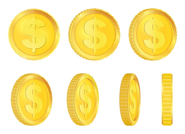 Ilustración vectorial creativa de monedas de oro 3d flotando en diferentes perspectivas. Aislado sobre fondo transparente. Signo de dólar. Dinero realista. Diseño de arte. Concepto abstracto elemento gráfico . — Vector de stock