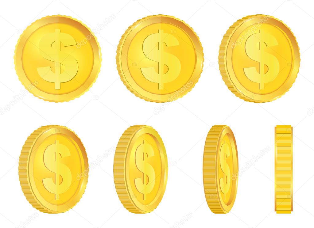 Creative vector illustration of 3d gold coins floating in different perspective. Isolated on transparent background. Dollar sign. Realistic money. Art design. Abstract concept graphic element.