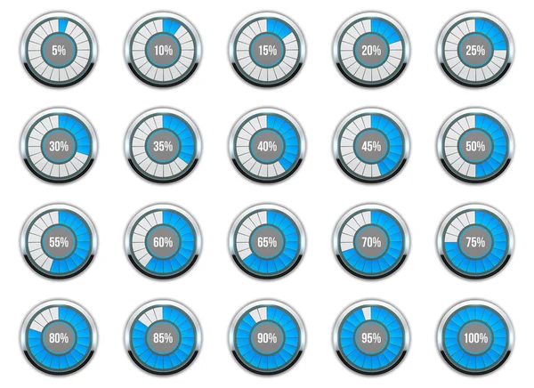 Illustrazione vettoriale della barra di avanzamento rotonda. Stato degli indicatori di cerchio. Set di icone con percentuale di caricamento e buffering. Timer dell'intervallo circolare. Arte di design. Elemento grafico astratto del concetto. Quadrante di precisione . — Vettoriale Stock