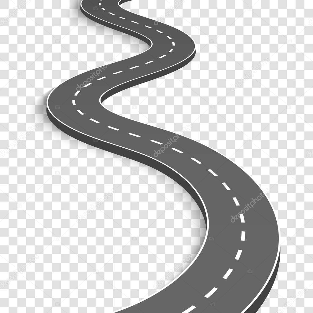 Creative vector illustration of winding curved road. Art design. Highway with markings. Direction, transportation set. Abstract concept graphic element. Way location infographic template. Pin pointer