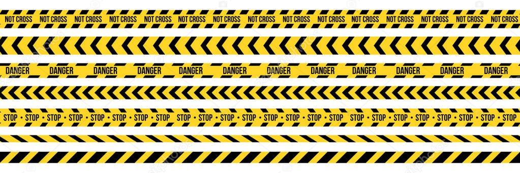 Creative vector illustration of black and yellow police stripe border. Set of danger caution seamless tapes. Art design line of crime places. Abstract concept graphic element. Construction sign.