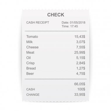 Yazdırılan satış makbuzu yaratıcı vektör Illustration. Sanat Tasarım atm onay bill. Soyut kavram grafik mali elemanı. Arka plan mockup belge listesine izole