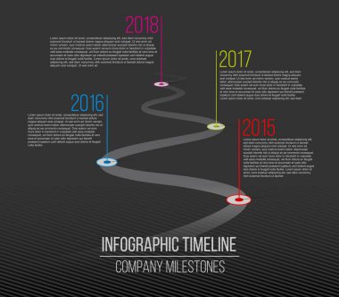 Şirket kilometre taşları zaman çizelgesi yaratıcı vektör Illustration. İşaretçiler şablonu. Yol çizgi sanat tasarım bilgi yer tutucuları olan kavisli. Soyut kavram grafik öğesi. Geçmiş grafiği.