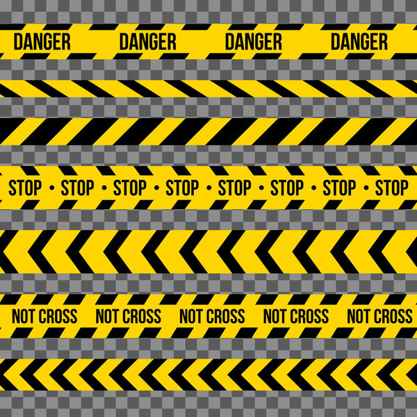 Creative vector illustration of black and yellow police stripe border. Set of danger caution seamless tapes. Art design line of crime places. Abstract concept graphic element. Construction sign.