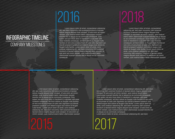 Illustrazione creativa vettoriale della linea temporale delle tappe aziendali. Modello con puntatori. Design curvo della linea stradale con segnaposto informativo. Elemento grafico astratto del concetto. Grafico storico . — Vettoriale Stock