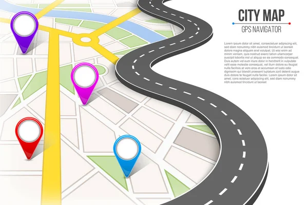 Creatieve vectorillustratie van kaart stad. Straat weg infographic navigatie met Gps pin markeringen en pointers. Kunst design. Stad route en infrastructuur. Abstract begrip grafisch element. — Stockvector