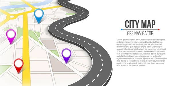 Δημιουργική διανυσματικά εικονογράφηση Χάρτης Πόλη. Δρόμο δρόμο infographic πλοήγηση με Gps pin δείκτες και δείκτες. Τέχνη σχεδιασμού. Περιδιάβαση στην πόλη και υποδομές. Αφηρημένη έννοια γραφικού στοιχείου. — Διανυσματικό Αρχείο
