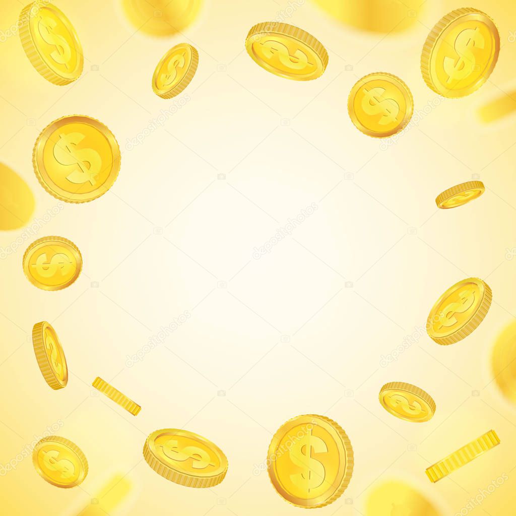 Creative vector illustration of 3d gold coins floating in different perspective. Isolated on transparent background. Dollar sign. Realistic money. Art design. Abstract concept graphic element.