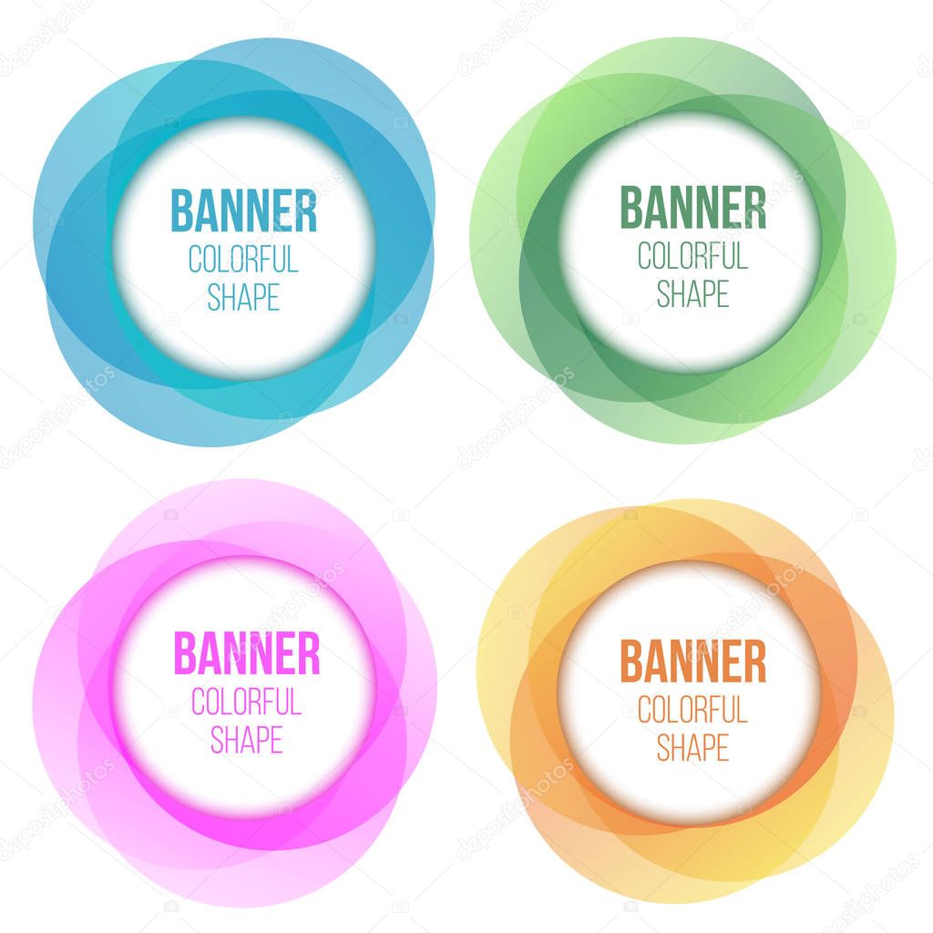 Creative vector illustration of colorful round abstract banners. Overlay colors shape art design. Fun label form. Paper style spot. Abstract concept graphic tag element for advertisements or printing.