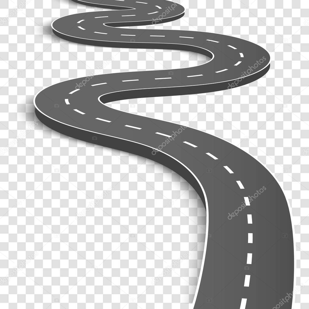 Creative vector illustration of winding curved road. Art design. Highway with markings. Direction, transportation set. Abstract concept graphic element. Way location infographic template. Pin pointer