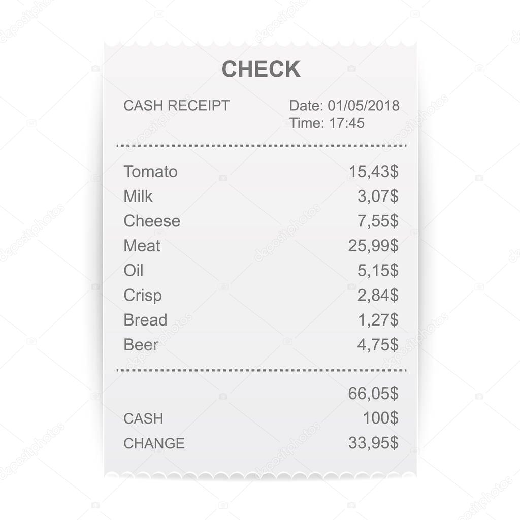 Creative vector illustration of sales printed receipt. Art design bill atm check. Abstract concept graphic financial element. Isolated on background mockup document list