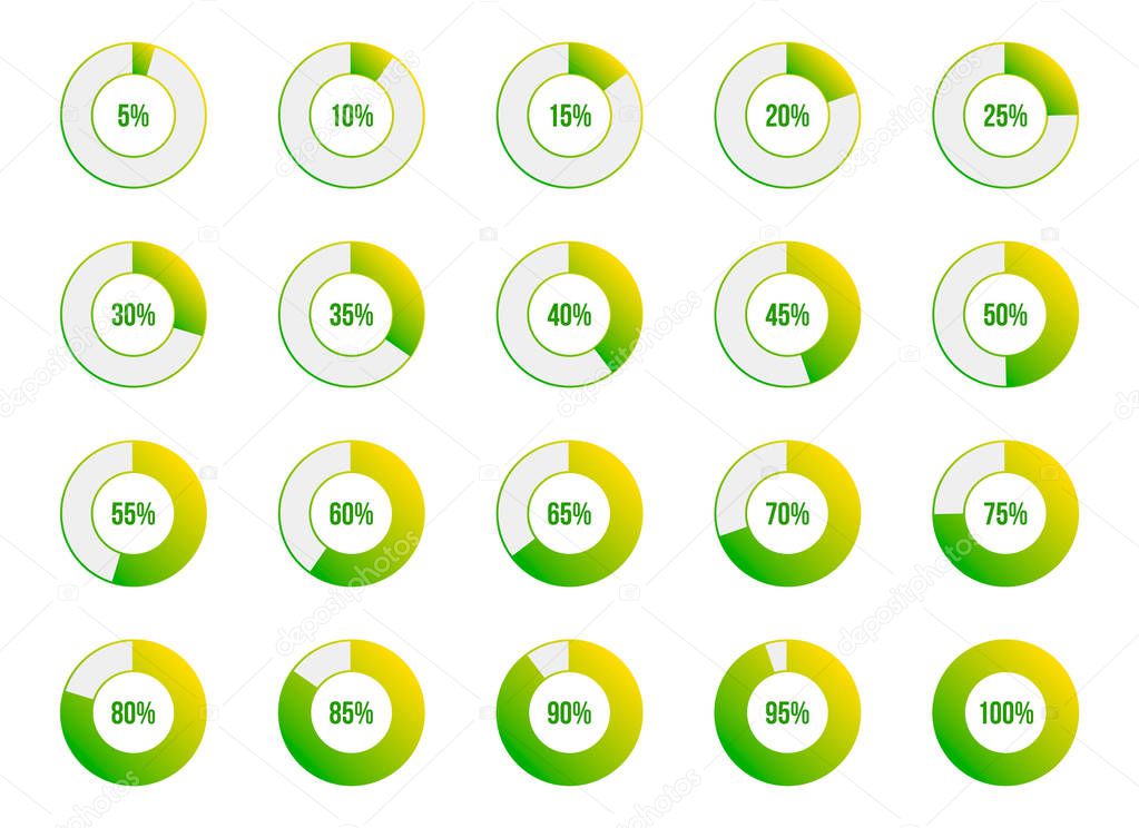 Vector illustration of round progress bar. Circle indicators status. Loading and buffering percentage icon set. Circular interval timer. Art design. Abstract concept graphic element. Accuracy dial.