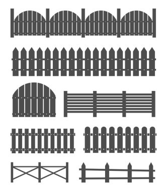 Kırsal ahşap çitler, arka plan üzerinde izole gözcülerinin yaratıcı vektör Illustration. Sanat tasarım. Bahçe duvar siluetleri. Soyut kavram grafik öğesi