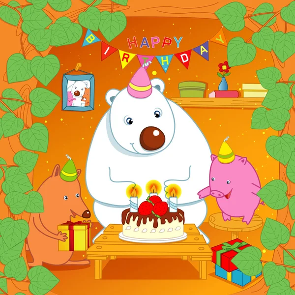 Bear and fox and pig is birthday party — Stock Vector