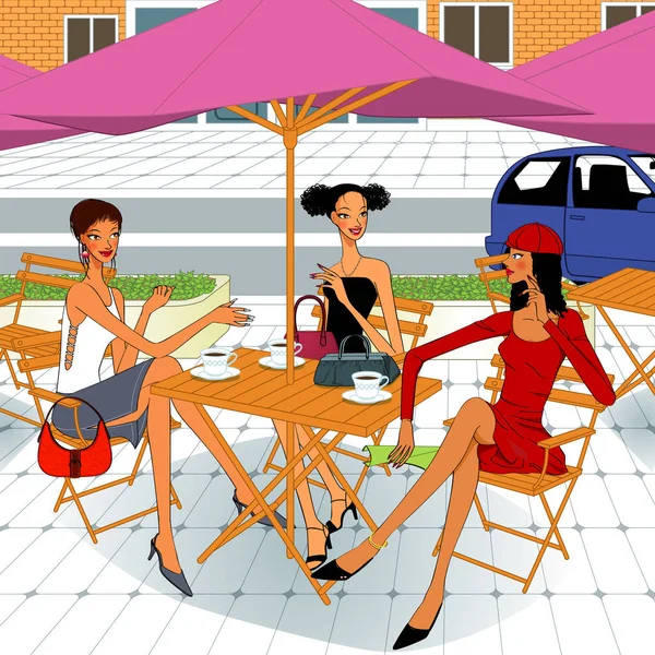 Damskie brunch, trzy piękne kobiety, siedząc w odkrytym restau — Wektor stockowy