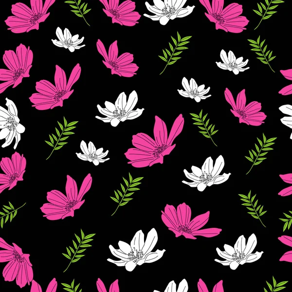 Hermoso patrón de flores sobre fondo negro — Vector de stock