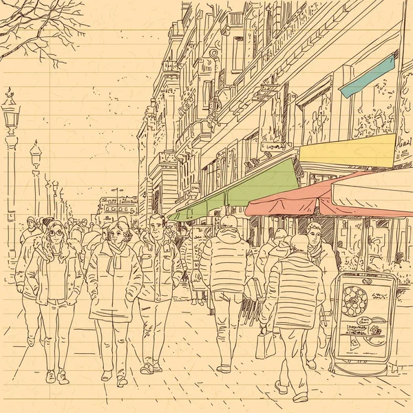 Calle de la ciudad europea y los pueblos en línea dibujada a mano estilo boceto — Vector de stock