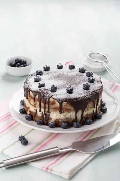 Ev yapımı katmanlı kek çikolata sosu ile mavi ile dekore edilmiştir.