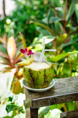 Yeşil hindistan cevizi süslemeli ananas ve tropik taze kokteyl.