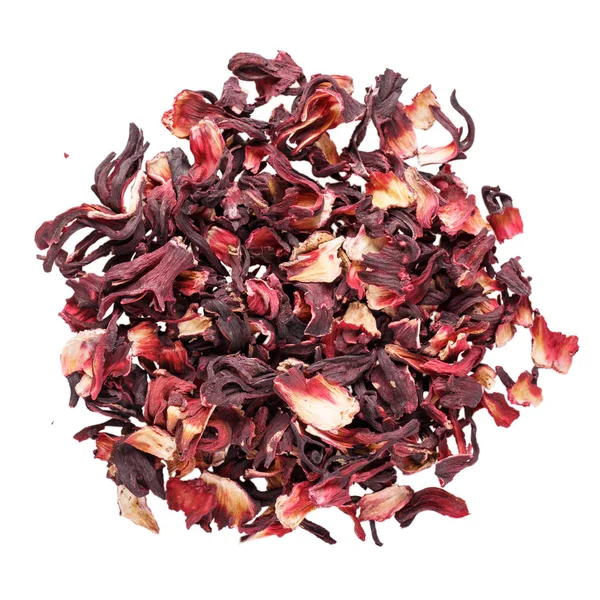Heap of dried hibiscus petals isolated on white. — Stockfoto