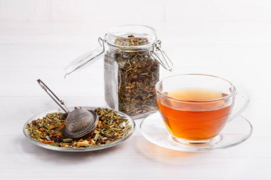 Beyaz masada cam bardakta bitki çayı..