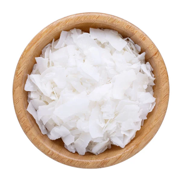Organic Raw Coconut Chips Wooden Bowl Isolated White Top View — Stock Photo, Image