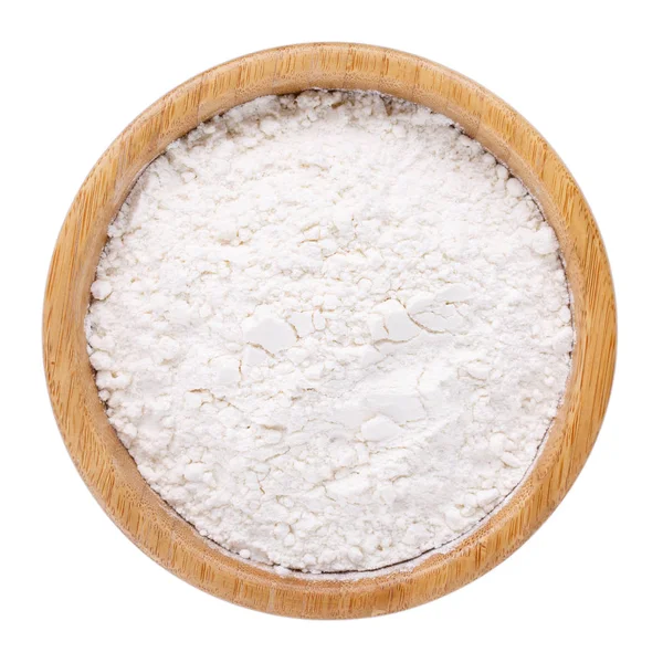 White Wheat Flour Wooden Bowl Isolated White Top View — Stock Photo, Image